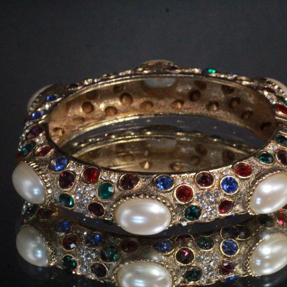 Sphinx Unsigned Runway Couture Multicolor Faux Pearl Pave´ Rhinestones Bangle - Picture 8 of 11